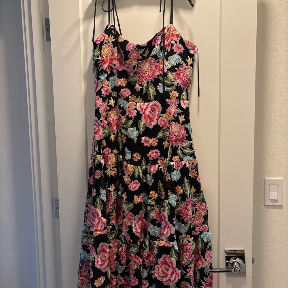 Dress the Population Black Midi Dress with Pink, Blue & Green Floral - L